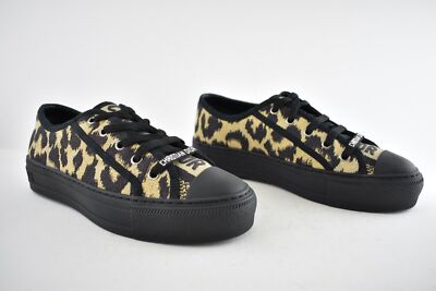 Pre-owned Dior Walk'n' Black Beige Leopard Lace Up Flat Low Top Trainer Sneaker 38