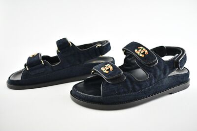 Pre-owned Chanel 21a Blue Velvet Denim Cc Logo Mule Slide Strap Flat Teva Dad Sandal 38