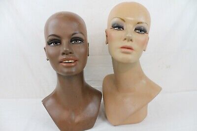 2 Vintage Fiberglass Mannequin Bust Head Wig Painted Eyes Smile Black Girl