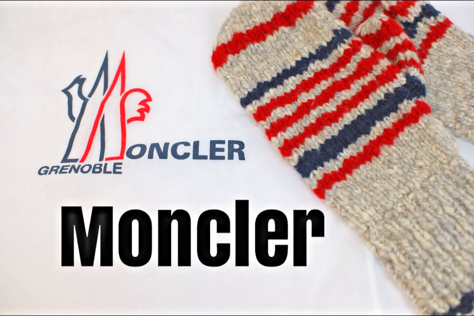 MONCLER Mittens Wool Gloves GRENOBLE Unisex Gray Red Blue Stripes FRANCE