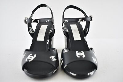 Pre-owned Chanel 22s Black White Print Lambskin Cc Logo Ankle Strap Block Heel Sandal 36.5