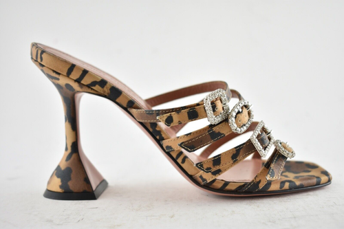 Pre-owned Amina Muaddi Robyn Slipper Satin Leopard Crystal Backless Sandal Heel Pump 36 In Black