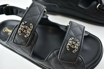 Pre-owned Chanel Rev Black Caviar Gold Cc Logo Mule Slide Strap Flat Teva Dad Sandal 39.5