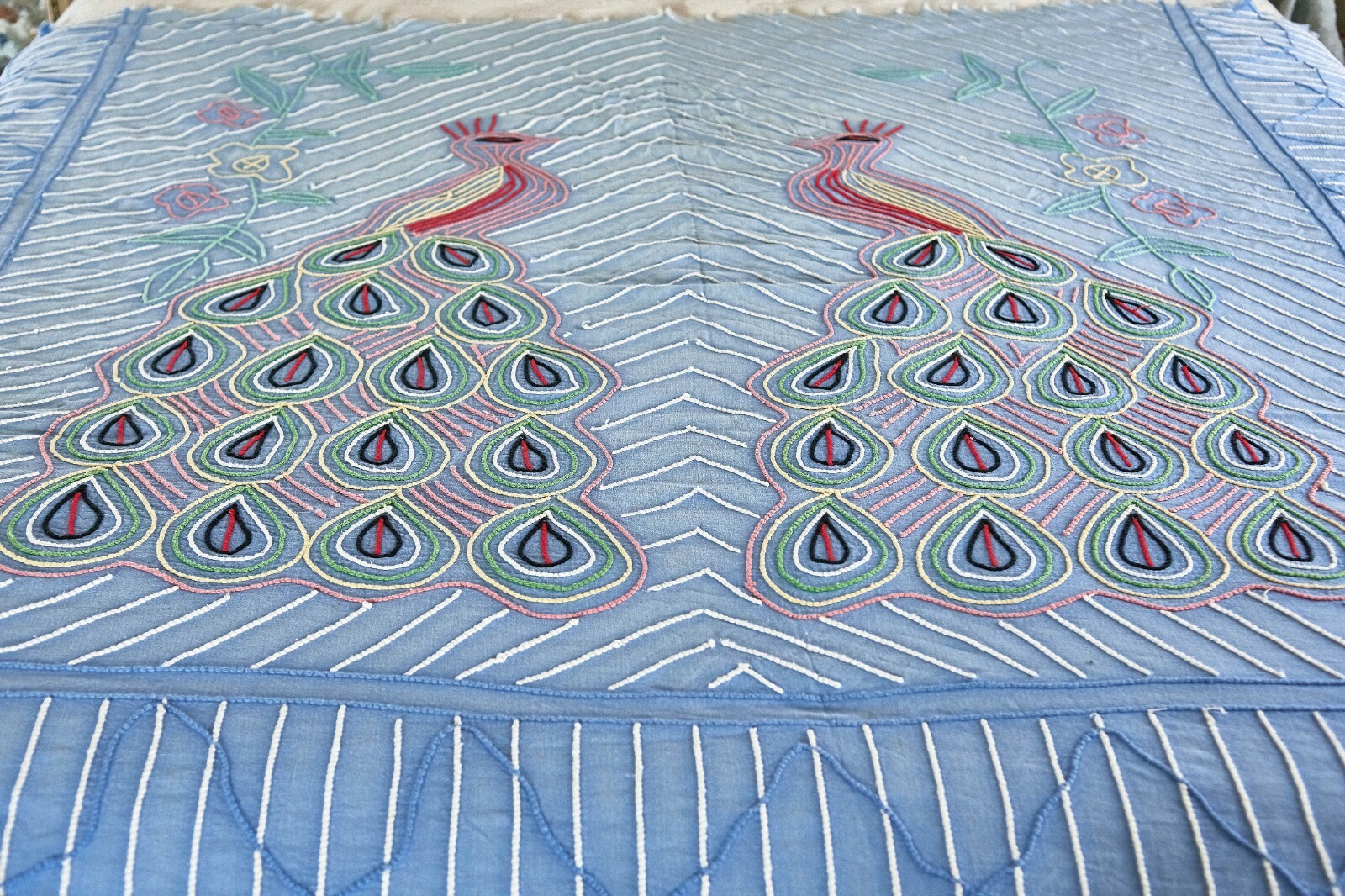 MIDCENTURY  DOUBLE PEACOCKS CUTTER  OR CRAFTS BLUE CHENILLE BEDSPREAD