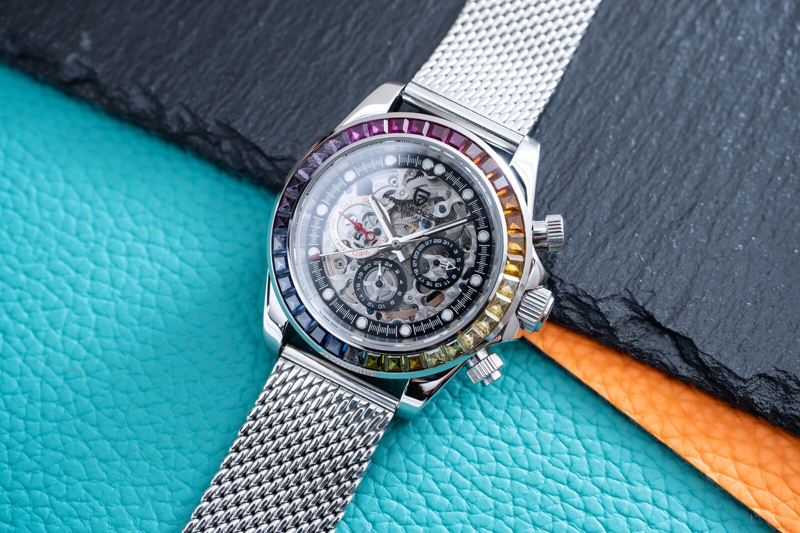 Pre-owned Pagani 40mm Automatic Mechanical Watch Silver Chrome Rainbow Cubics With Mesh Strap