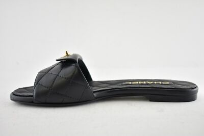 Pre-owned Chanel Rev Black Turnlock Quilted Gold Cc Logo Mules Slide Sandal Flop Flat 36.5