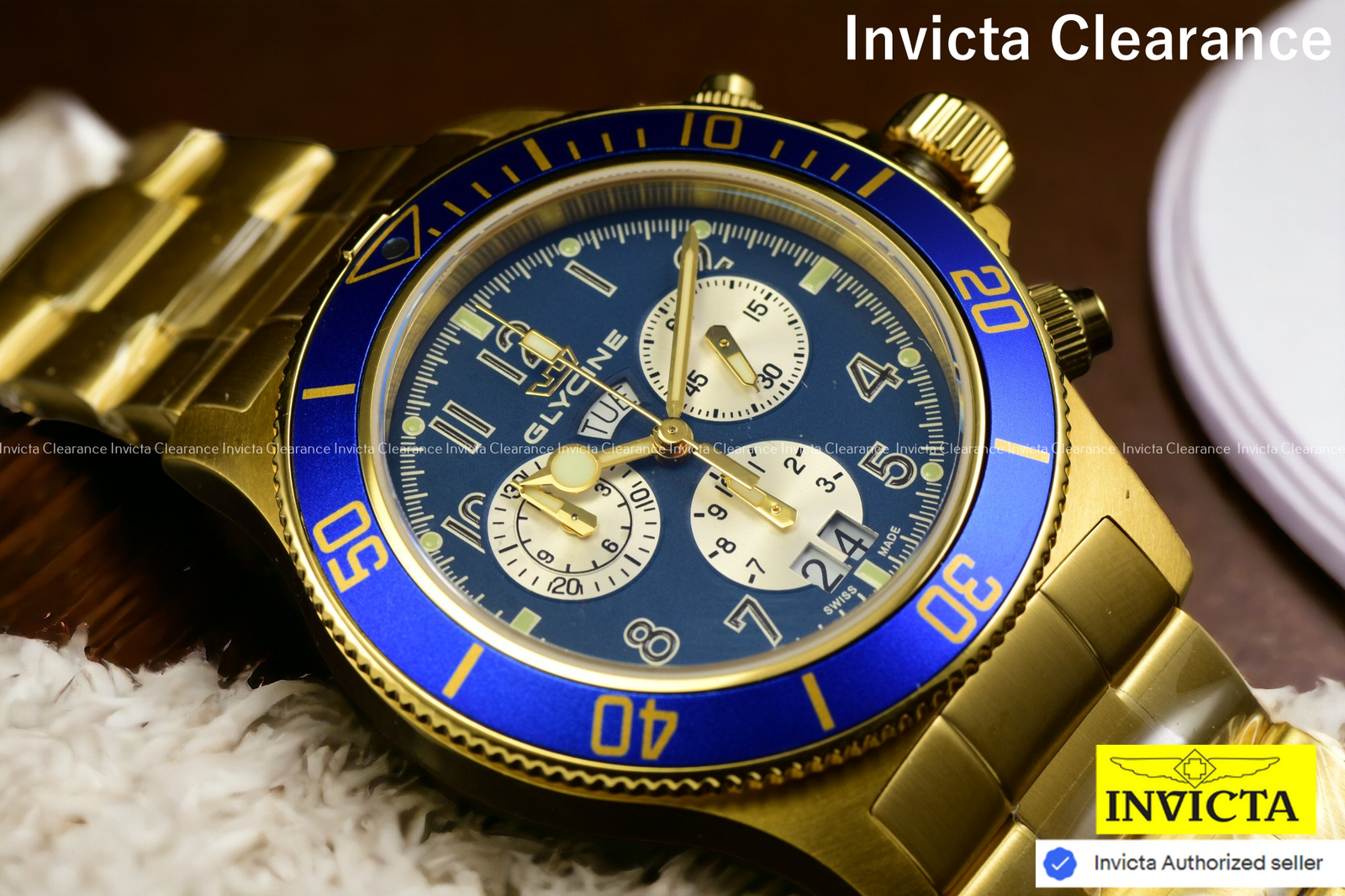 Pre-owned Glycine Combat Blue Dial Chronograph Stainless Steel Gold Bracelet Swiss Watch