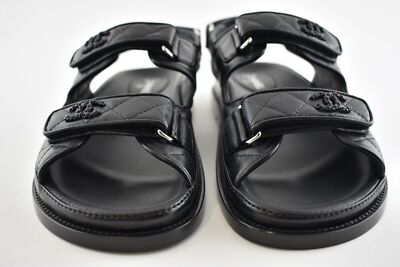 Pre-owned Chanel Black Leather Quilted Chain Cc Logo Mule Slide Strap Flat Dad Sandal 38.5