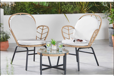 Rattan Effect Garden Furniture 3 Pieces Set Beige Bistro Set with Cushions