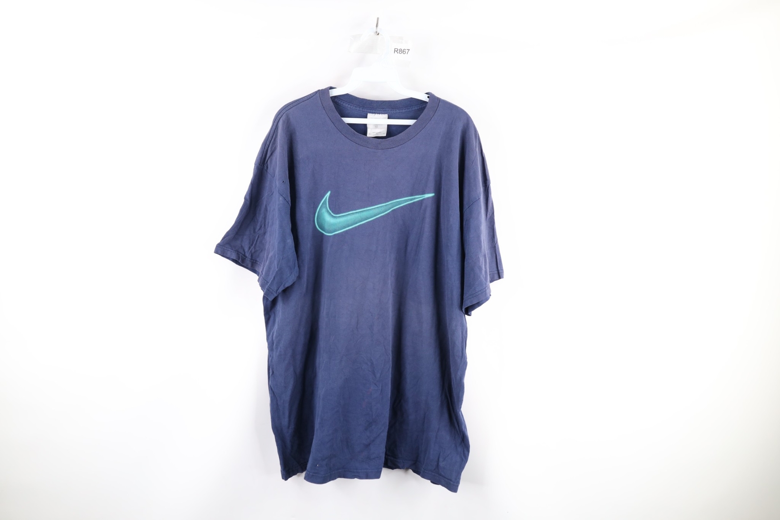Vintage 90s Nike Mens XL Thrashed Travis Scott Big Swoosh Logo T-Shirt Blue USA