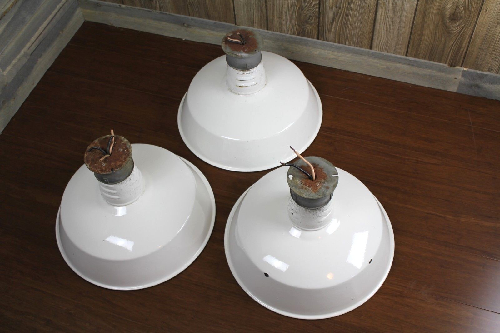 Vintage White Porcelain Enamel Hanging Light Old Gas Station Shop Decor Lot of 3