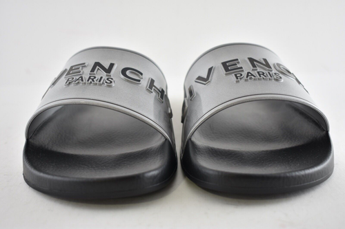 Pre-owned Givenchy Silver Rubber Black Logo Print Slide On Pool Sandal Flip Flop Flat 38