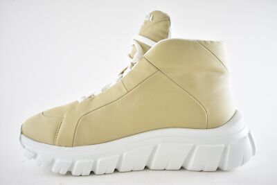 Pre-owned Prada Rush Piuma Nylon Beige White Platform Flat High Top Trainer Sneaker 39.5
