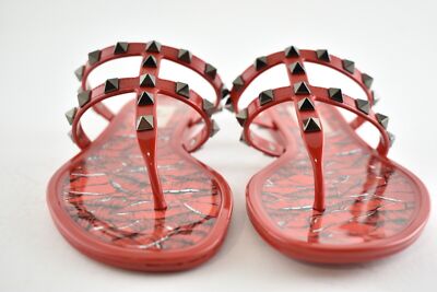 Pre-owned Valentino Garavani Valentino Rockstud Red Black Rubber Lipstick Jelly Pvc Stud Cage Flat Sandal 40
