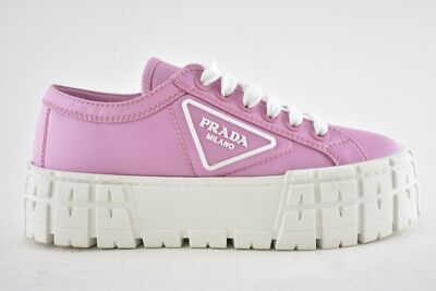 Pre-owned Prada Pink Nylon White Platform Lug Sole Lace Flat Low Top Trainer Sneaker 37.5