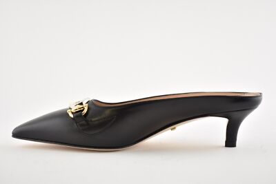 Pre-owned Gucci Zumi Black Leather Silver Gold Gg Kitten Heel Mule Slide Loafer Pump 37