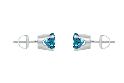 Pre-owned Shine Brite With A Diamond 2 Ct Round Cut Blue Earrings Crown Set Studs Solid 14k White Gold Screw Back