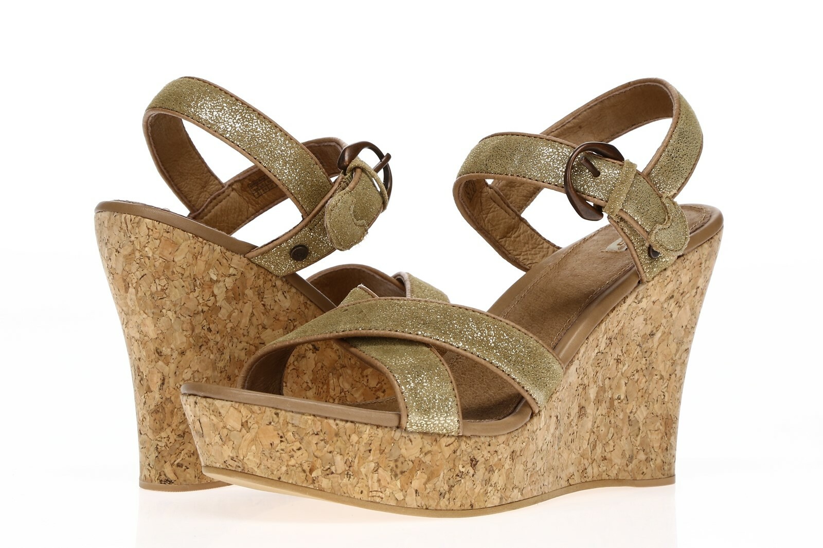 UGG AUSTRALIA Womens Gold Shimmer Leather Ankle Strap Wedges Sandal Size 10 M