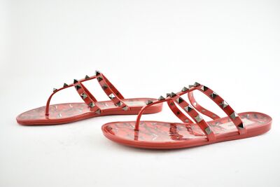 Pre-owned Valentino Garavani Valentino Rockstud Red Black Rubber Lipstick Jelly Pvc Stud Cage Flat Sandal 40
