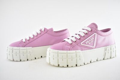 Pre-owned Prada Pink Nylon White Platform Lug Sole Lace Flat Low Top Trainer Sneaker 37.5