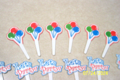 5 Packs New Cake & Cup Cake Picks, Balloons & Let's Party Sticks Total of 60