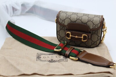 New GUCCI GG Supreme Monogram Web Mini Horsebit 1955 Shoulder Bag Beige Brown