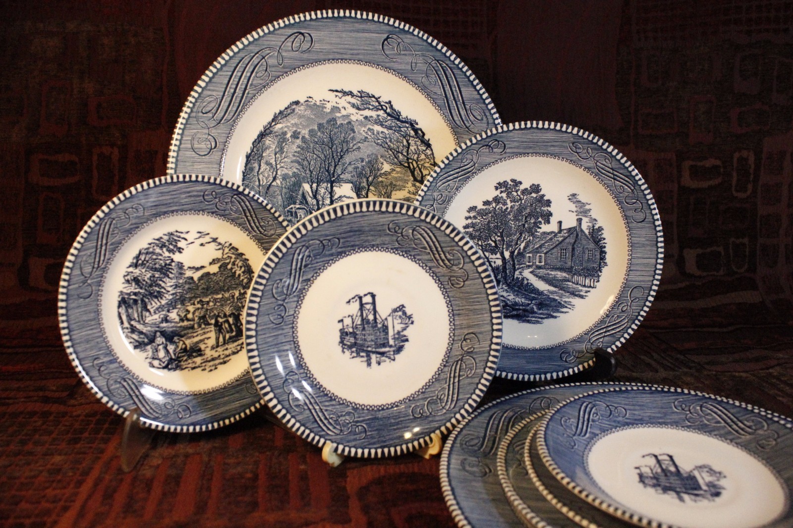 8 Pieces! Setting for 2 - Currier & Ives Blue & White Plates Dinner Lunch Bread