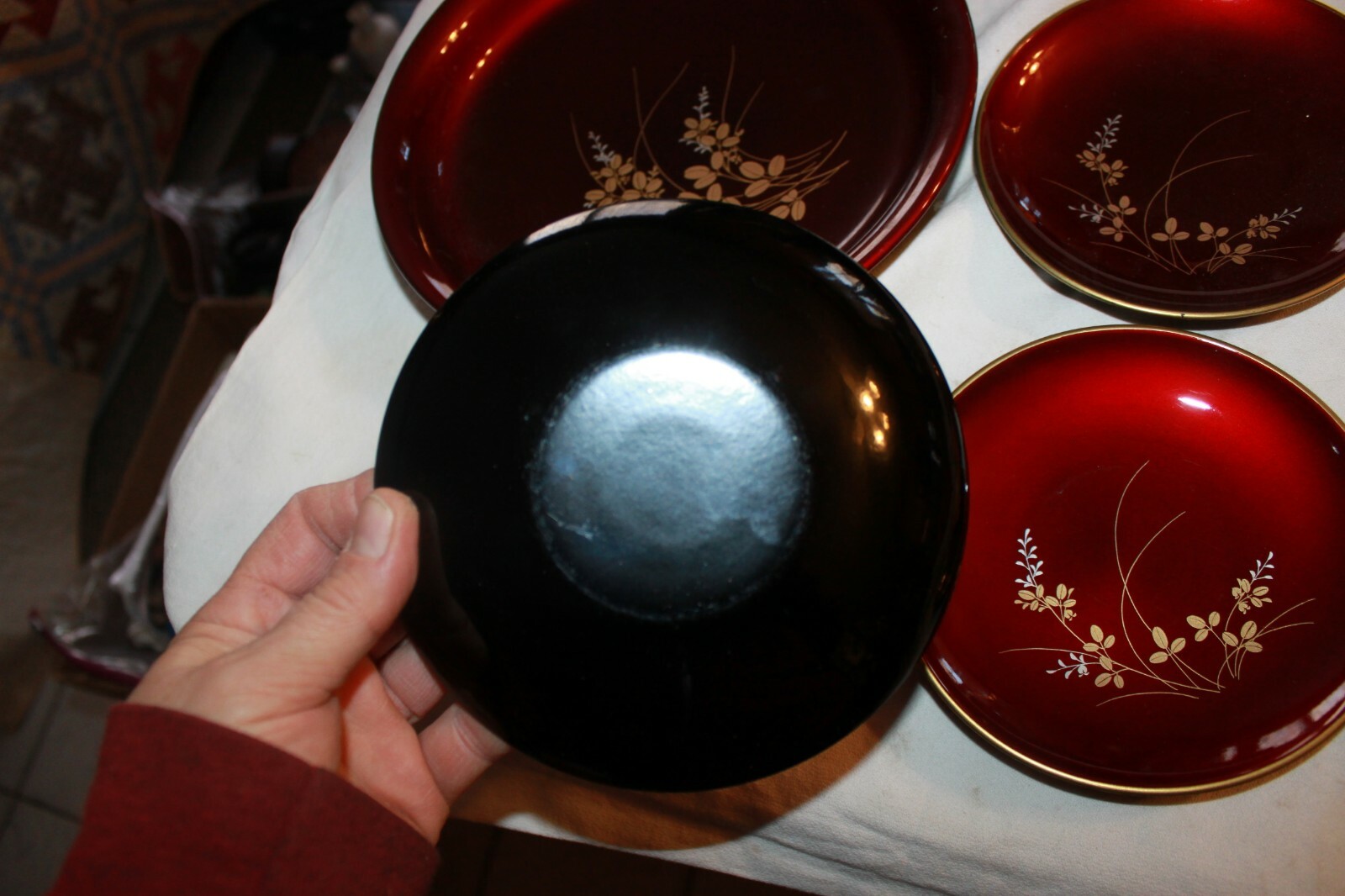 Japanese Vintage lacquer ware 6 Piece bowl set red black gold floral Tamamushi