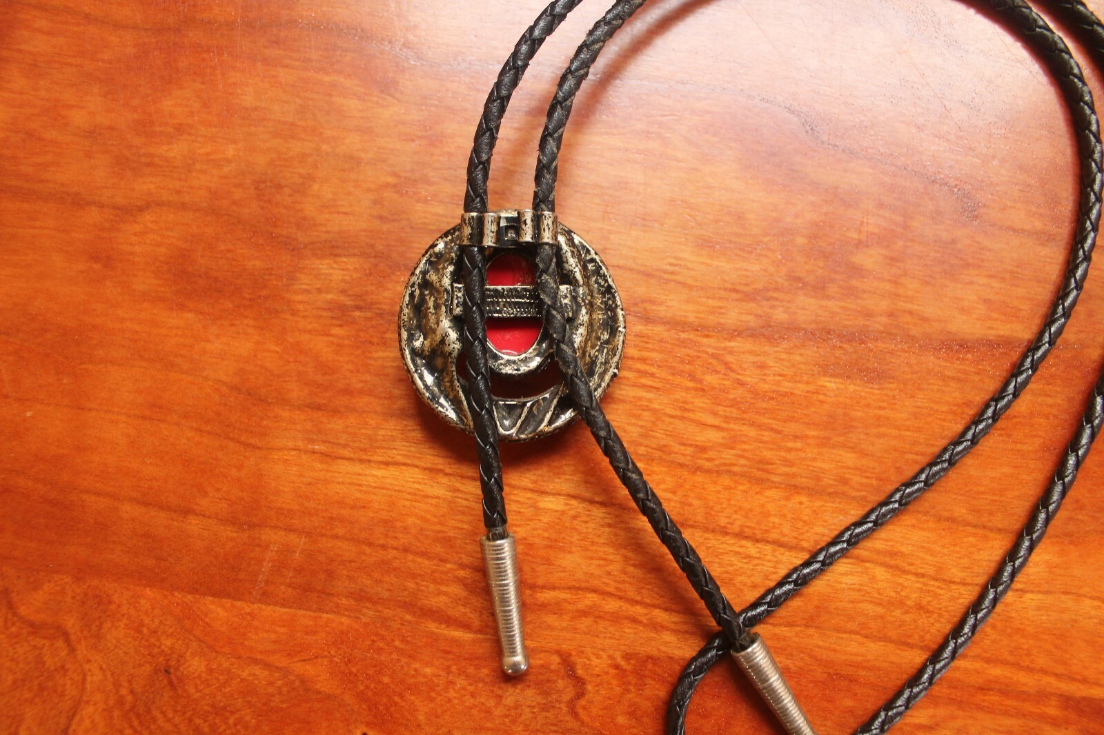 Men’s Bolo Neck Tie Gold Tone with Pretty Red Stone Black Leather Rope