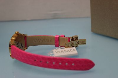 Pre-owned Versace Women's Vff070013 Dafne Rose Gold Ion Plated Fuchsia Leather Wristwatch In Pale Violet Red