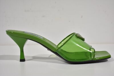 Pre-owned Prada Plexiglas Green Pvc Patent Leather Backless Sandal Mule Heel Pump 40