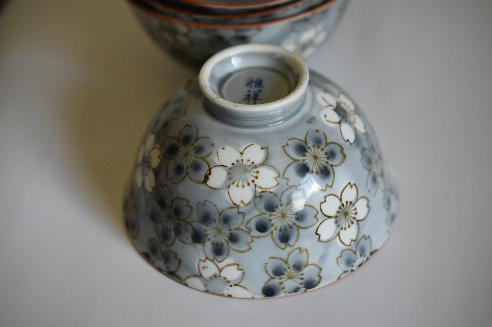 Vintage Japanese Rice Bowls Signed Set 4 Sakura Peach Spring Blossom Grey Blue