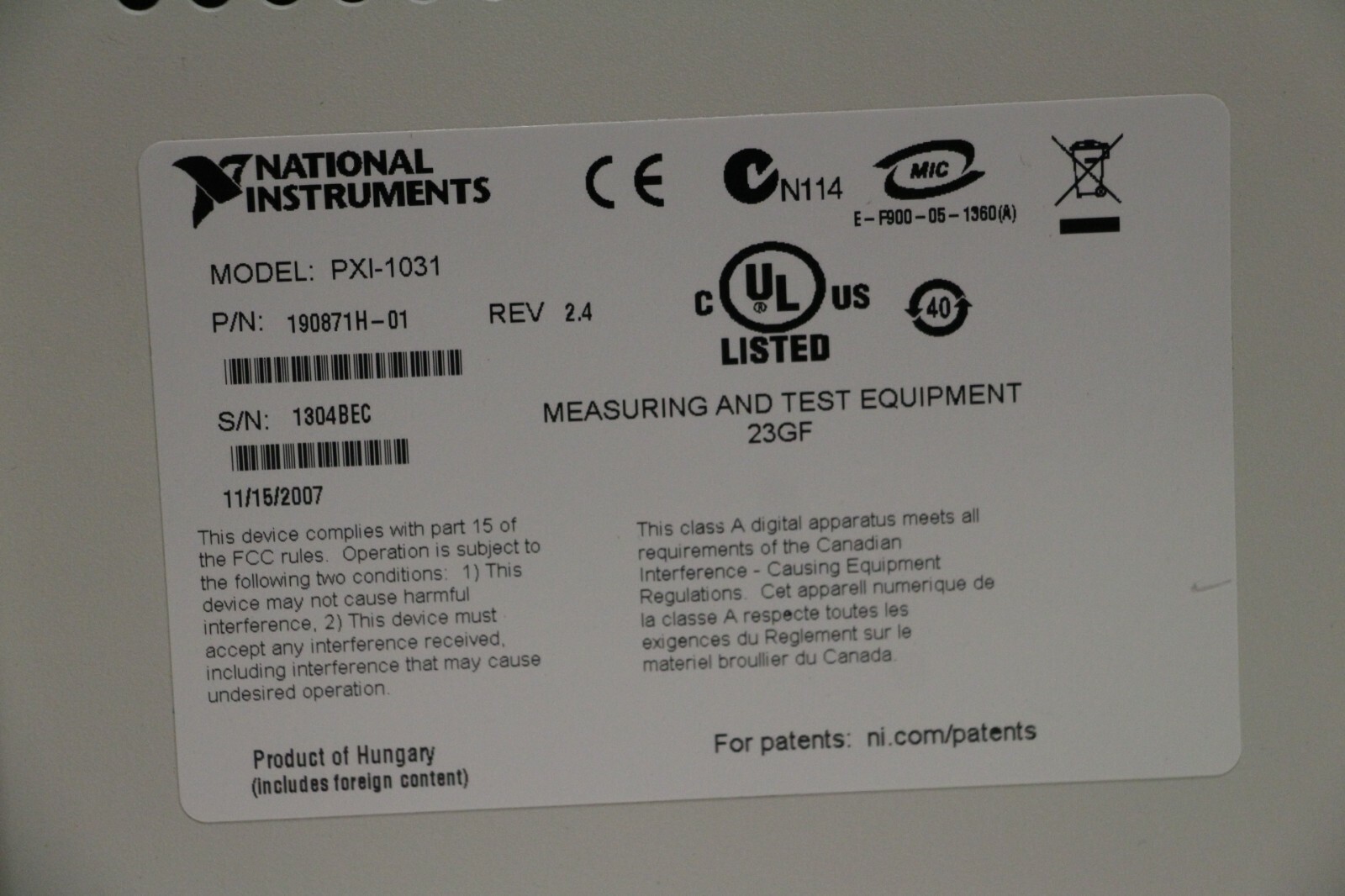National Instruments NI PXI-1031 4-Slot 3U PXI Chassis