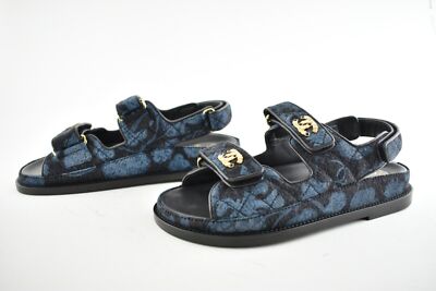 Pre-owned Chanel 21a Blue Black Grey Denim Cc Logo Mule Slide Strap Flat Dad Sandal 38.5