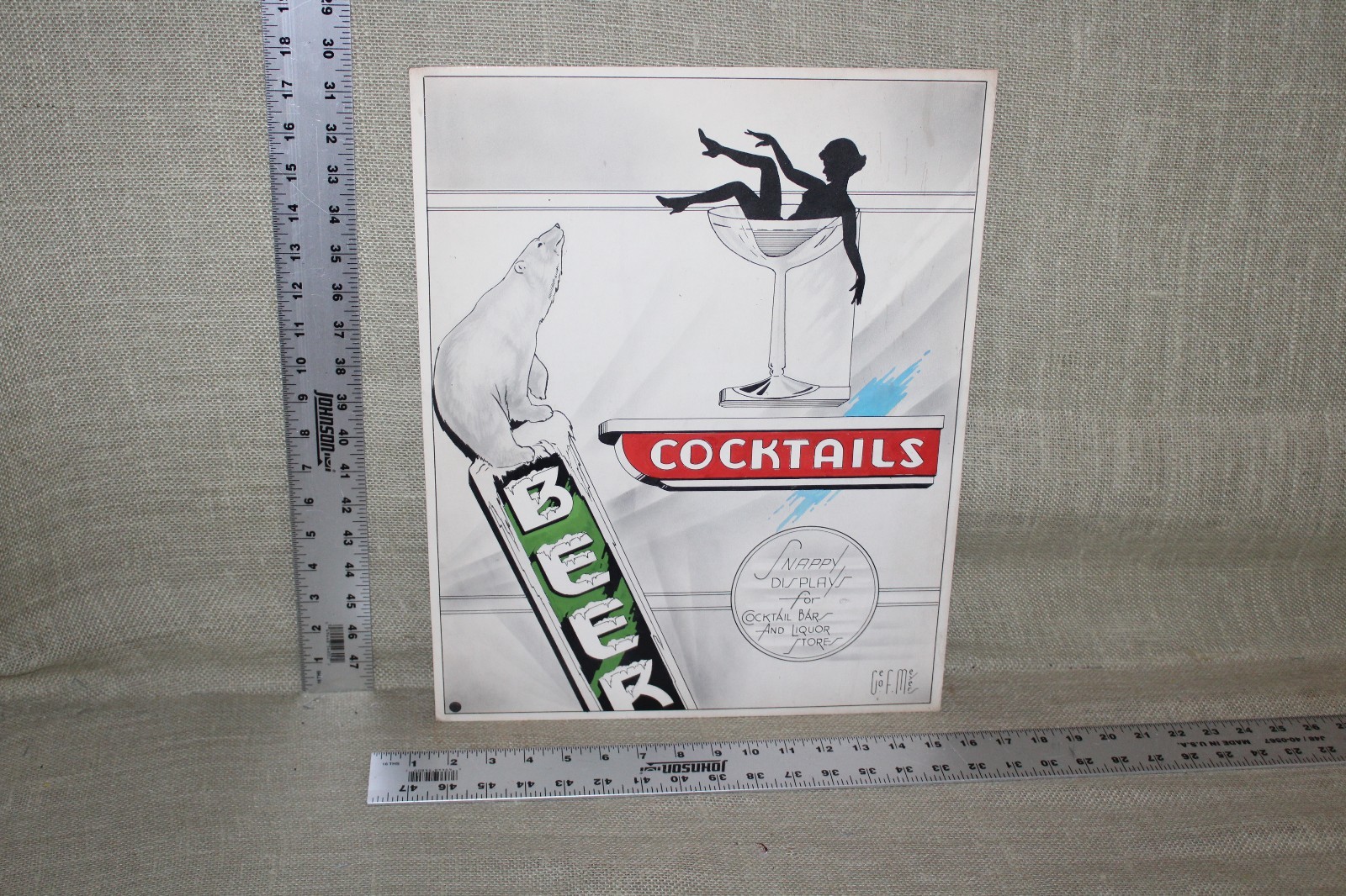 ORIGINAL 1930's BEER COCKTAILS POLAR BEAR LADY GLASS PORCELAIN SIGN CONCEPT ART