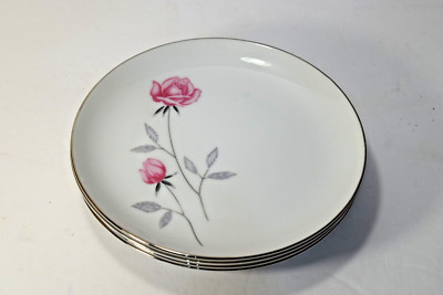 Nasco Belair Japan 6'' Bread Plate - Set of 4 Pink Rose Gray Leaves Brown Stem