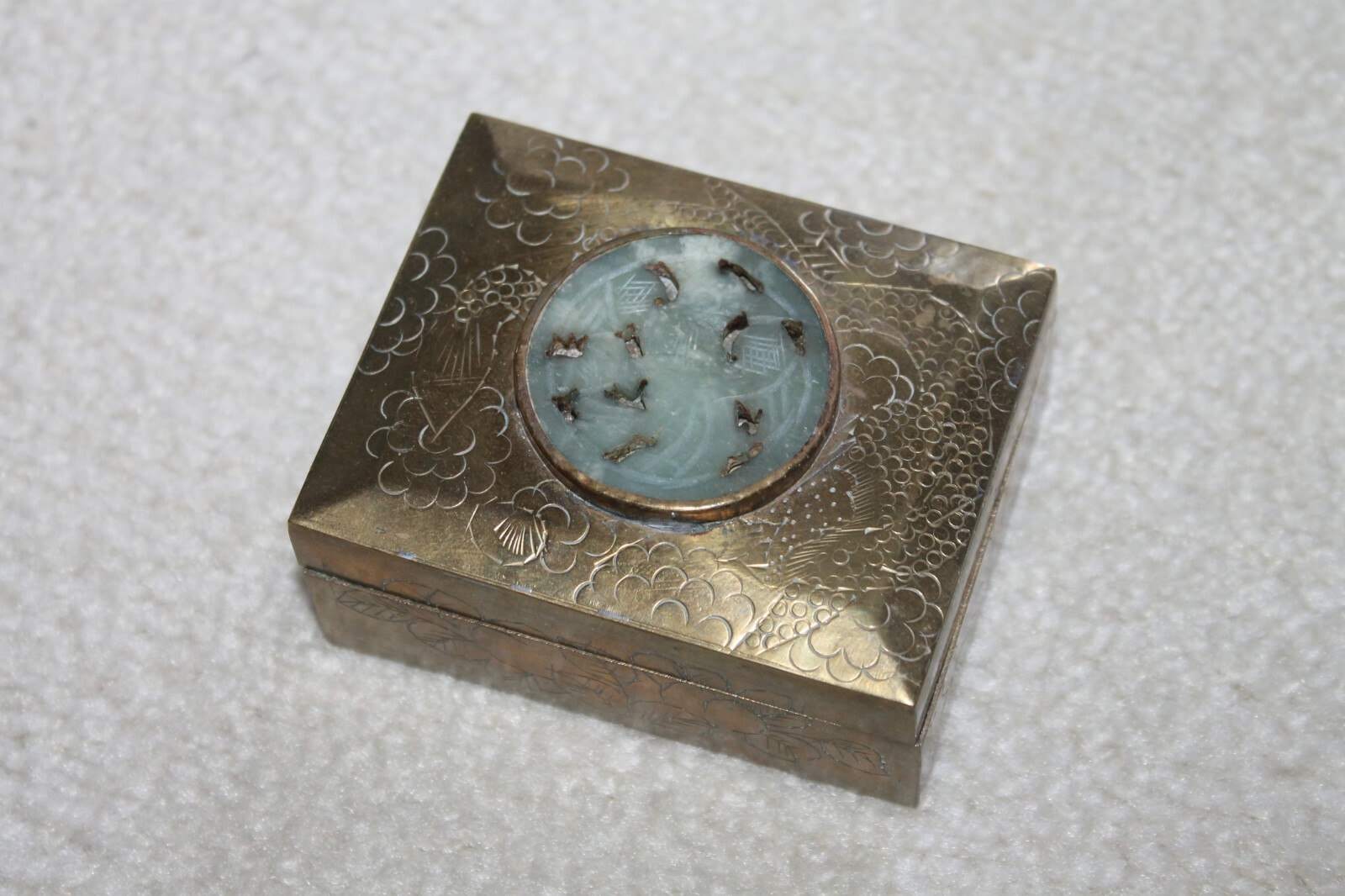Chinese Antique brass cigarette box w/ jade inlay - 3-1/4"L
