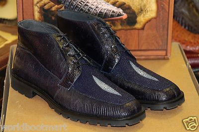 Pre-owned Los Altos Boots Los Altos Genuine Lizard Stingray Navy Blue Men Ankle Boot (ee+) Width Za2068205