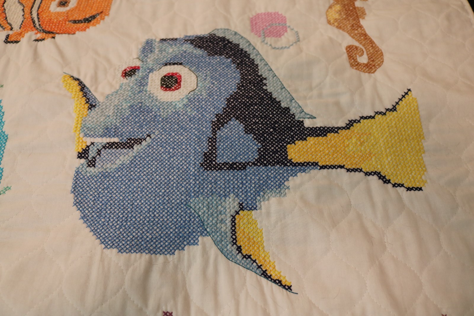 Nemo & Dory Baby Crib Quilted Coverlet Hand Stitched Cross Stitch Design NEW