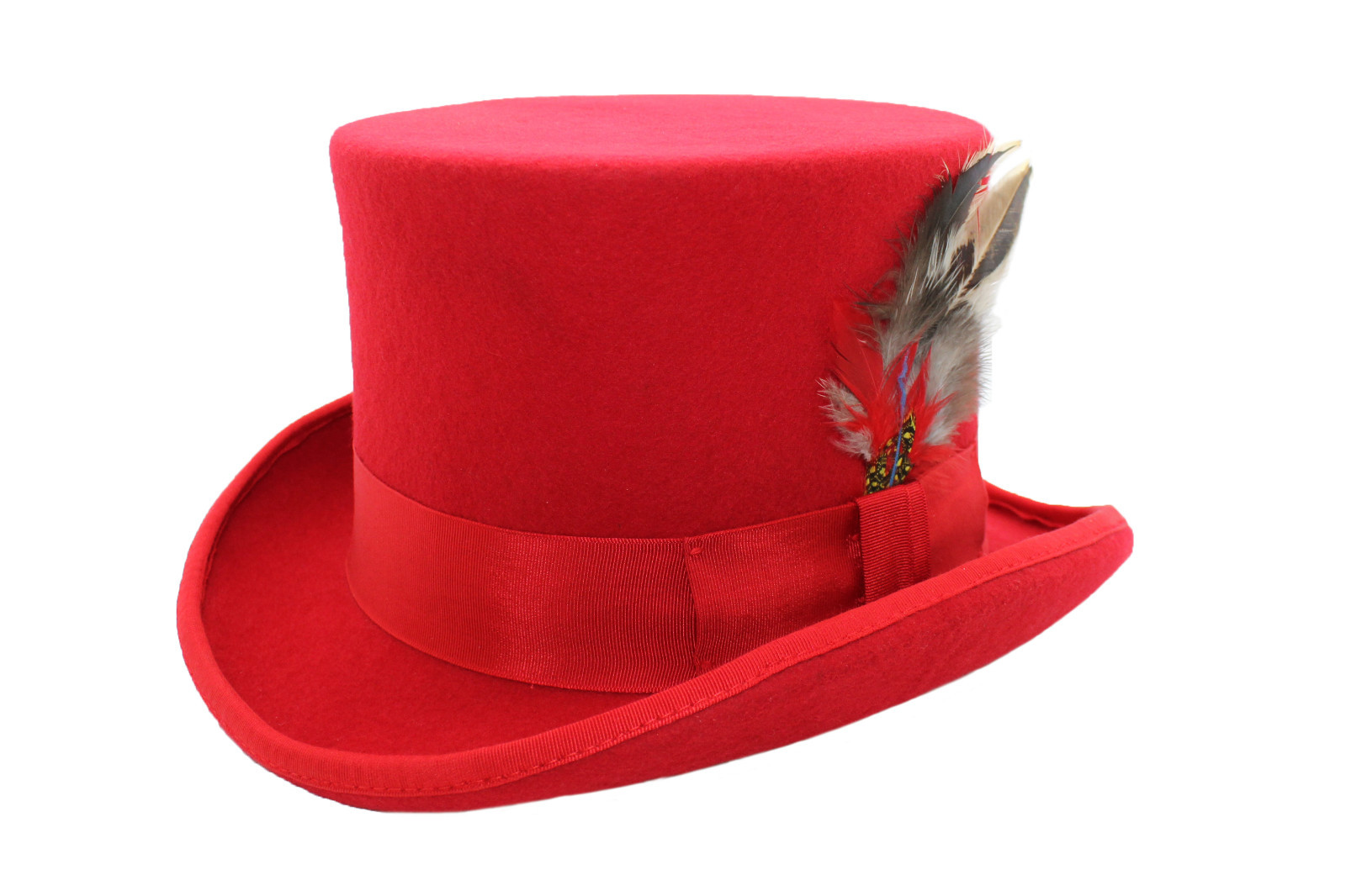 Unisex Red Top Hat 100 Wool With Feather Matching Ribbon Band And