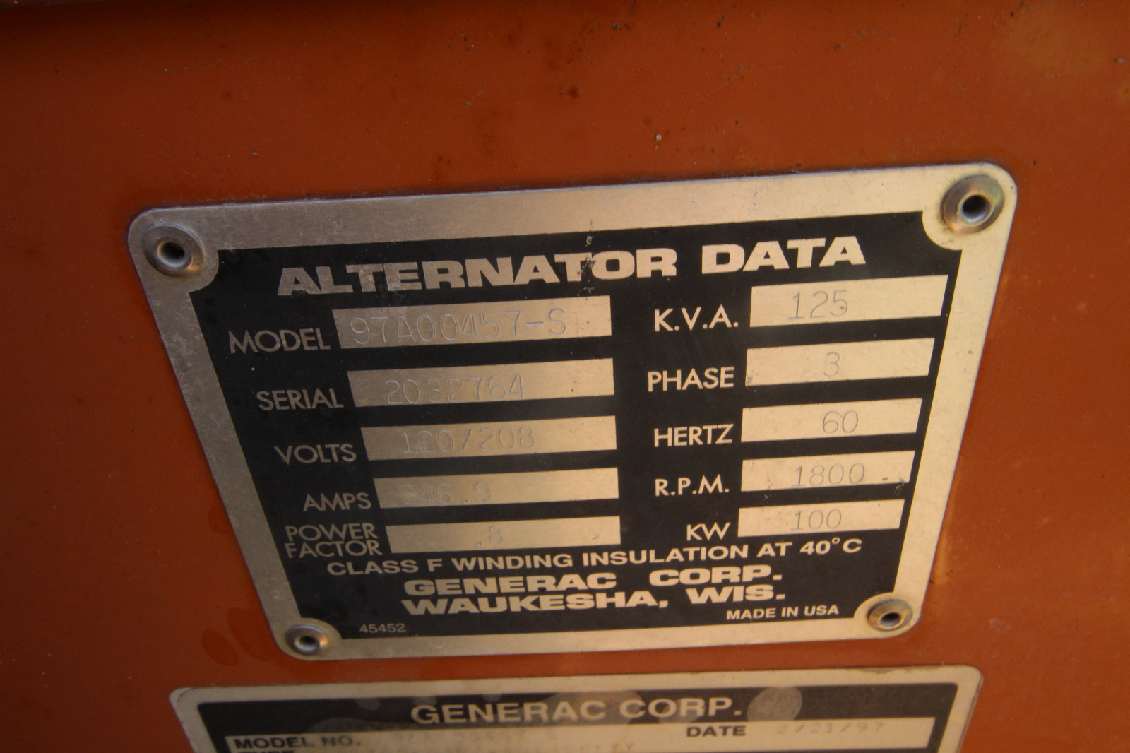 1997 Generac Generator 120/208 volts, 125 KVA, 3 Phase, Chevy 366 BB