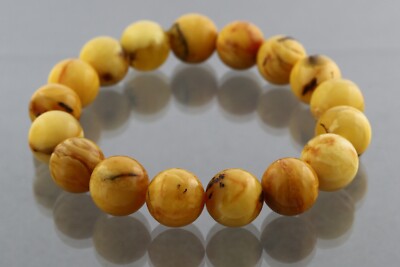 Genuine BALTIC AMBER Egg Yolk ROUND Beads Stretch Bracelet 24.9g 240626-1