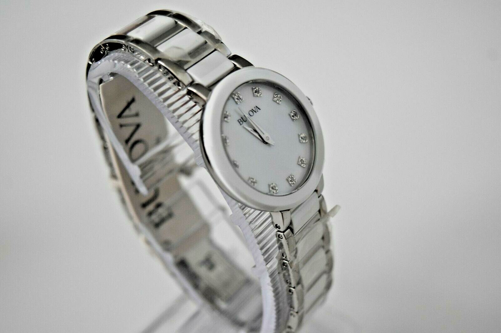 Pre-owned Bulova Women's White Ceramic Ss Diamond 98p158 $395 Watch