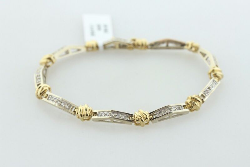 14k White & Yellow Gold 1.0ct Prong Set Diamond Pointed Bar Link Bracelet - 7.5"