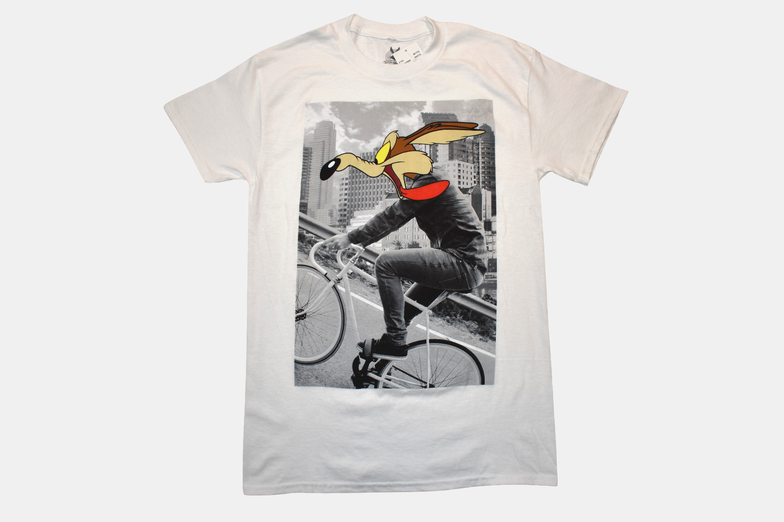 Looney Tunes Mens Wile E. Coyote Bike Riding White Shirt NWT