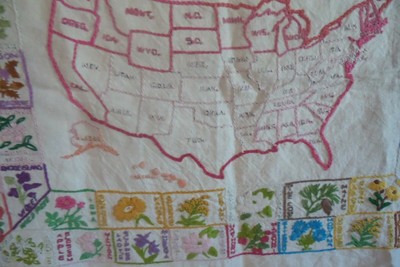 Vintage Cross Stitch Sampler Map of USA With State Flowers as Border Framed