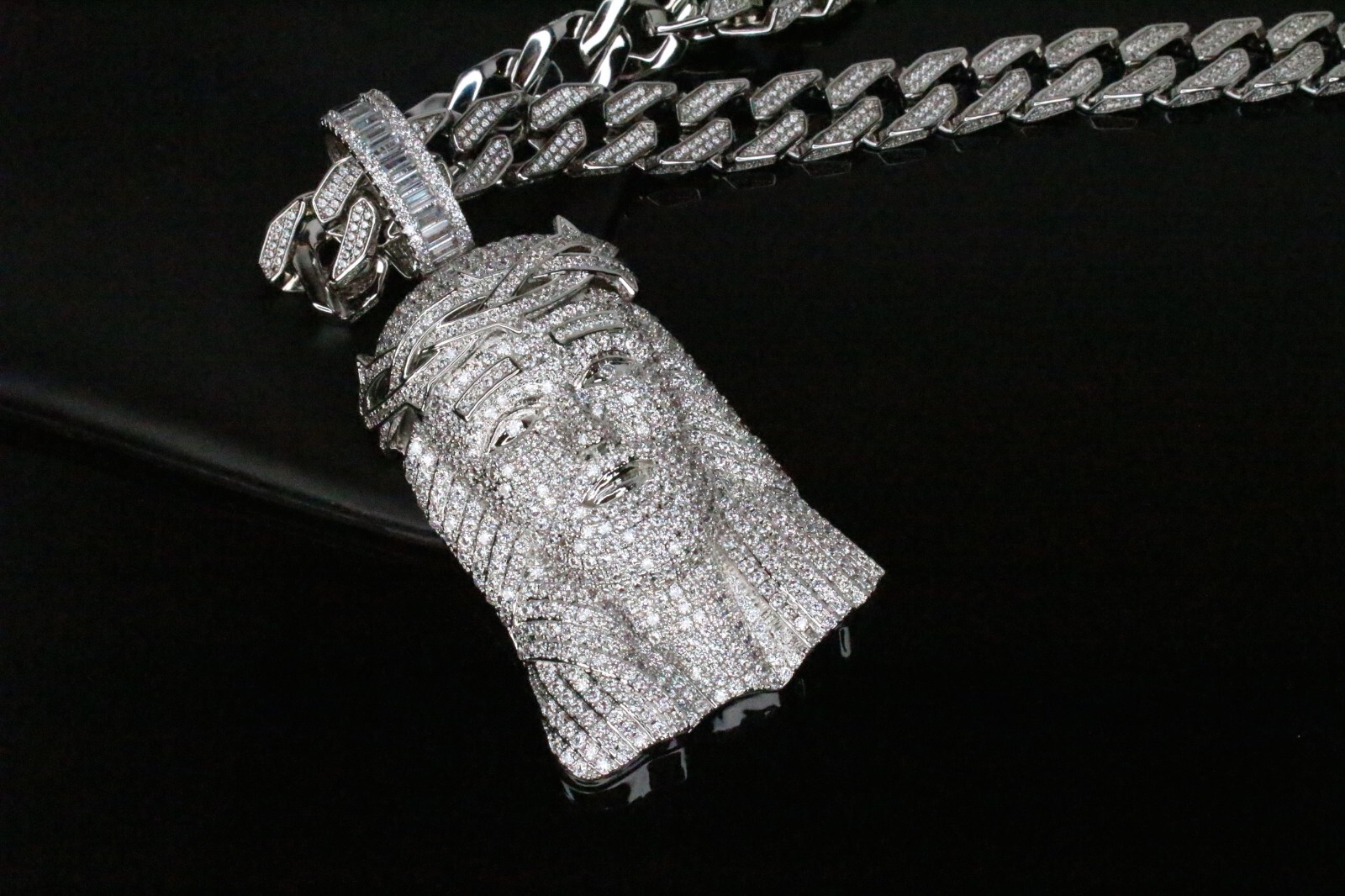 Pre-owned Line Xl Jesus Iced Pendant 12mm Cuban Miami 30ct Vvs1 Lab Simulated Diamonds Chain In White/colorless
