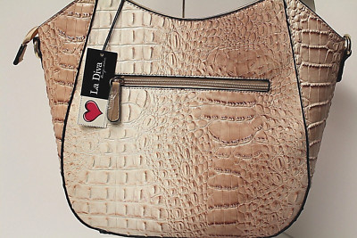 LA DIVA satchel cross body bag purse Italian design Croc-Embossed Sand Croco NWT