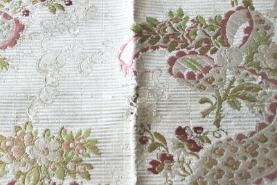 Antique French c1760 18thC Silk Brocade Roses & Lace Motif Fabric~L-33
