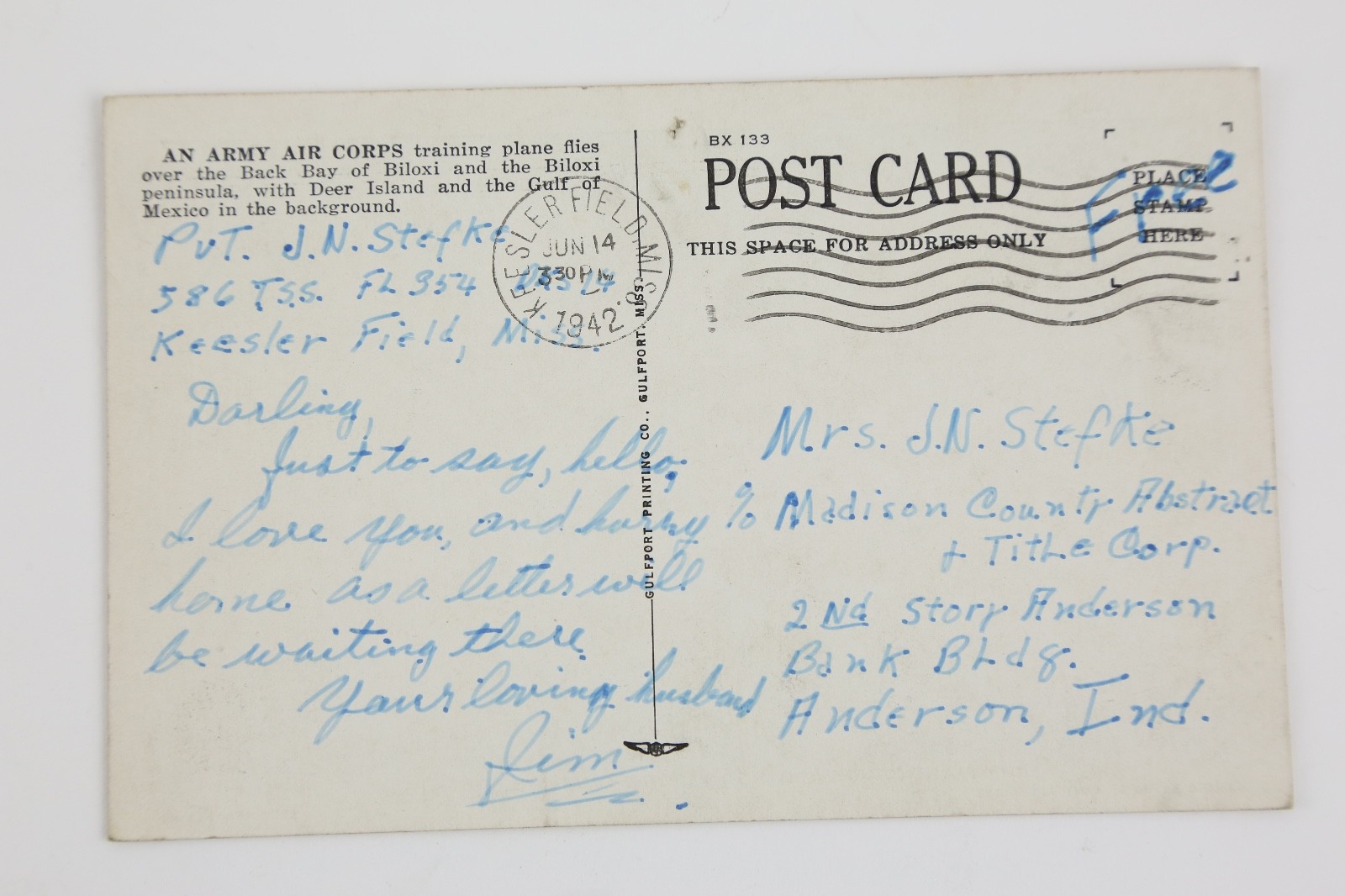 1942 ARMY AIR CORPS TRAINER MILITARY AIRPLANE BILOXI, MISS VINTAGE POST CARD OLD